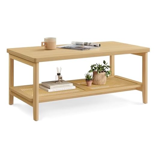VASAGLE 2-Tier Coffee Table for Living Room, Rectangular Living Room Table, with PVC Rattan Storage Shelf, Rounded Corners, Easy Assembly, Boho Style, 21.7 x 39.4 x 17.7 Inches, Oak Beige ULCT240Y57