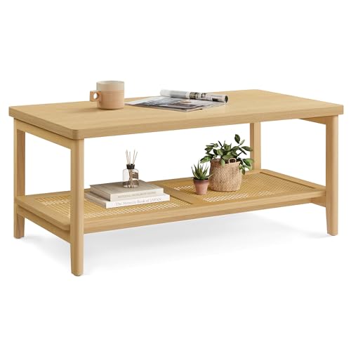 VASAGLE 2-Tier Coffee Table for Living Room, Rectangular Living Room Table, with PVC Rattan Storage Shelf, Rounded Corners, Easy Assembly, Boho Style, 21.7 x 39.4 x 17.7 Inches, Oak Beige ULCT240Y57 by VASAGLE - Used condition - CA$82.83