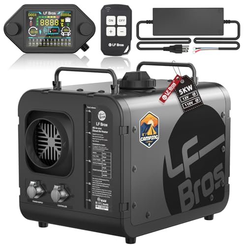 LF Bros Professional 110V/12V 5KW Diesel Heater, All-in-One 5L Air Diesel Space Heater with Timer, Thermostat, Plateau Mode, Silent Oil Pump, Suitable for Camping, Ice Fishing, Hunting, Black