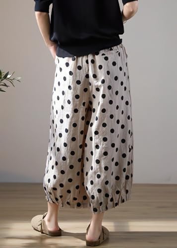 chouyatou Women's Polka Dot Print Elastic Waist Wide Leg Cotton Linen Pants Floral Capri Palazzo Trousers4