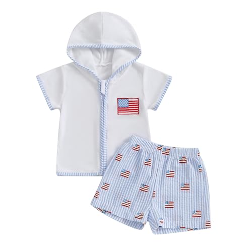 Kids Boy Girl 4th of July Swim Cover Up USA Zipper Hooded Tops American Flag Swim Trunk Beach Bathing Suit (Sky Blue, 2-3 Years)