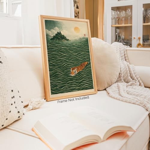 Vintage Japanese Canvas Wall Art Fuuny Tiger Swimming Posters Emerald Green Oriental Asia Print Modern Wild Animal Pictures For Living Room Bedroom Bathroom 12x16in Unframed by Generic - Used condition - Image 3