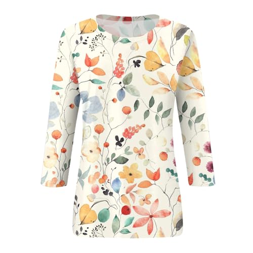 HTHLVMD Womens 3/4 Length Sleeve Tops 2025 Fall Fashion Floral Print Crewneck Causal Trendy Tunic Tops for Women