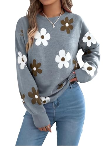 Sweaters for Women Floral Print Pullover Top Knit Sweater Crewneck Long Sleeve Shirts Cute Fall Winter Outfits