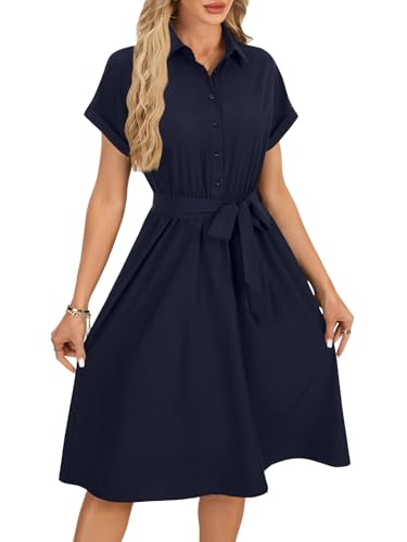 Image of Vrtige Women's Collar Neck Button Down Tie Waist Short Sleeve A Line Midi Shirt Dress