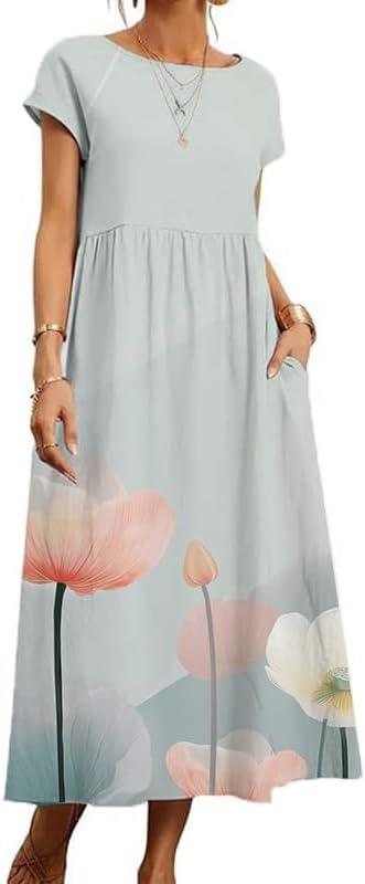 Boho Maxi Dress Floral Cap Sleeve High Waist Smocked Flowy Casual Church Summer Lon...