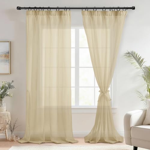 DWCN Gardinen mit Kräuselband Transparent Vorhänge Beige H260 x B140cm – Ansicht 1