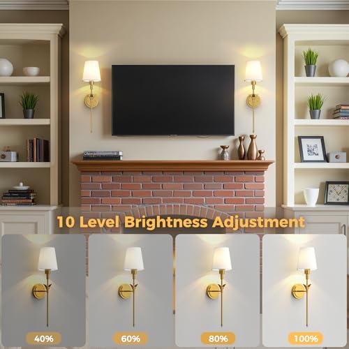 Image of DORESshop Battery Operated Wall Sconce Set of 2, Wireless Wall Light Easy to Install, 7 Color Rechargeable Wall Sconces, Sconce Wall Decor Set of 2 for Bedroom, Living Room, Brass, 24.6in