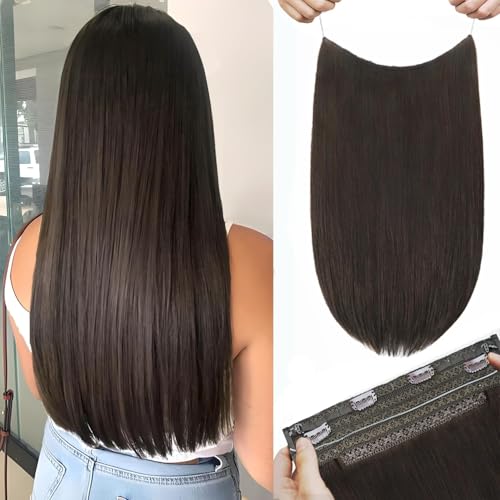 Wire Hair Extensions Real Human Hair 75G 14 Inch Natural Dark Brown Invisible Clip in Extensions with Adjustable Transparent Fish Line Human Hair Extensions