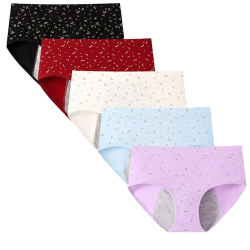 Anntry Women Period Pants Mid-High Waist Postpartum Underwear Leakproof Menstrual Cotton Knickers Pack of 5 (Must Wear with Pad or Tampon)