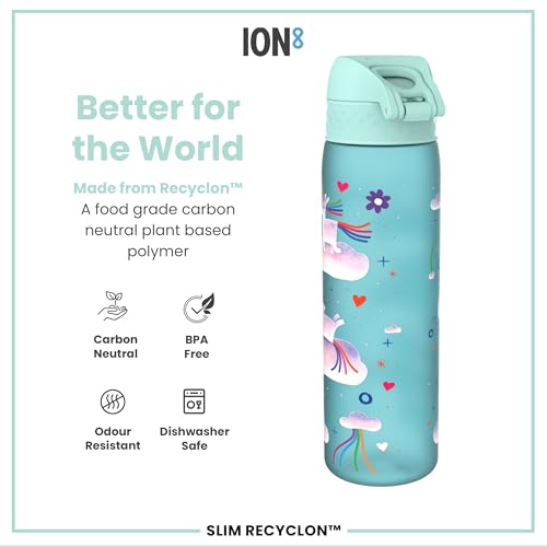 Ion8 Water Bottle, 500 ml/18 oz, Leak Proof, Easy to Open, Secure Lock, Dishwasher Safe, BPA Free, Hygienic Flip Cover, Carry Handle, Easy Clean, Odour Free, Carbon Neutral, Unicorn Rainbows - Image 4
