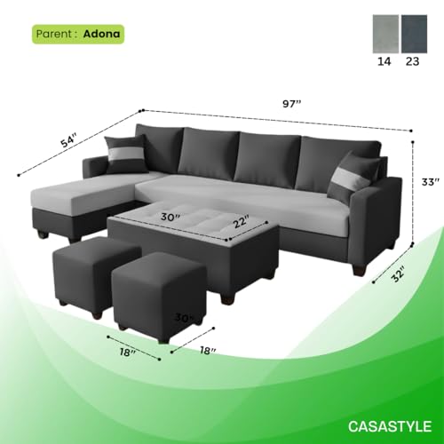 Image of CASASTYLE Adonway 8 Seater Fabric LHS L Shape Sofa Set (Light Grey-Dark Grey) Premium Velvet Finish | Ideal for Living Rooms