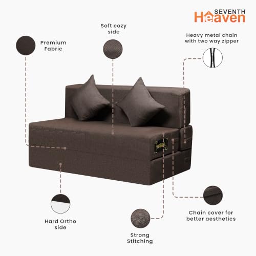 Image of Seventh Heaven Rejioce 2 Seater 4 * 6 Jute Fabric Washable Cover Sofa Cum Bed with 2 Cushions 2 Seater Double Foam Fold Out Sofa Cum Bed (Finish Color - Brown Delivery Condition - Pre-Assembled)