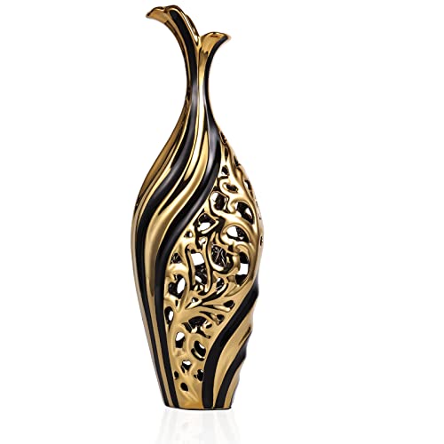 19 Inch Tall Floor Vase, Black and Gold Ceramic Vase,