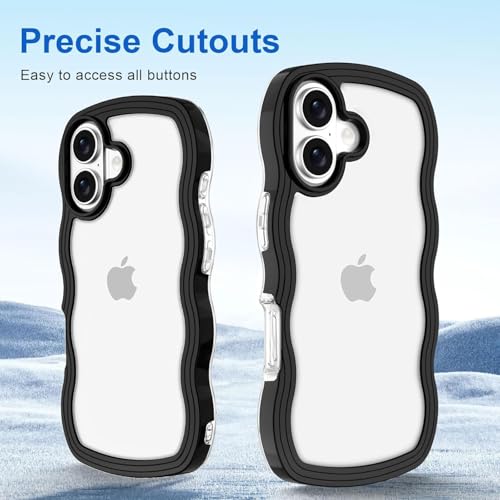 Image of GoldKart iPhone 17 Case Wavy Edge Clear Back Design, Anti-Slip Grip Cute Wave Curly Frame Shape Shockproof Soft TPU & Hard PC Bumper Protective Phone Case Cover for Women Girls - Black