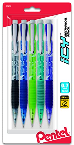 Pentel Icy Razzle-Dazzle Automatic Pencil, 0.7 mm, Assorted Barrels, 5 Pack (AL27RDBP5M)