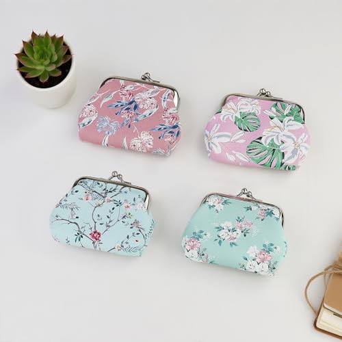 Image of FuninCrea 2 Pcs Faux Leather Coin Purse for Women with Kiss Lock, Floral Pattern Change and Coin Wallet Double Clasp Closure Mini Wallet for Cash Key (Blue+Green)