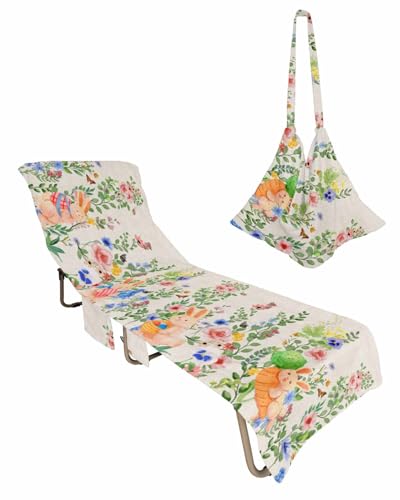 Spring Floral Easter Beach Lounge Chair Towel Cover, Soft Chaise Lounge Towel with Side Pockets Patio Pool Chairs Cover for Beach/Pool Sunbathing 29x85 Watercolor Bunny Colorful Flowers Botanical