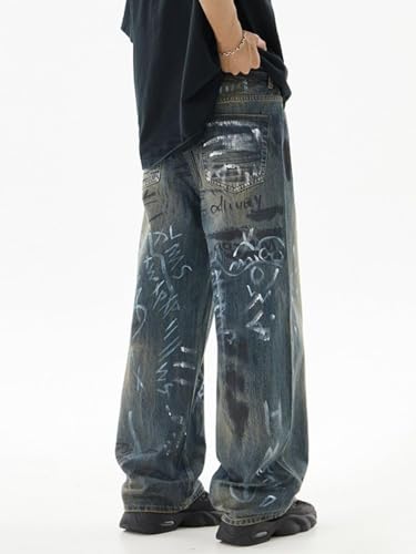 Jeans Pants Trousers Denim Printed Wide Leg Floor Dragging Men's Street Handsome Graffiti Retro Casual Wear3