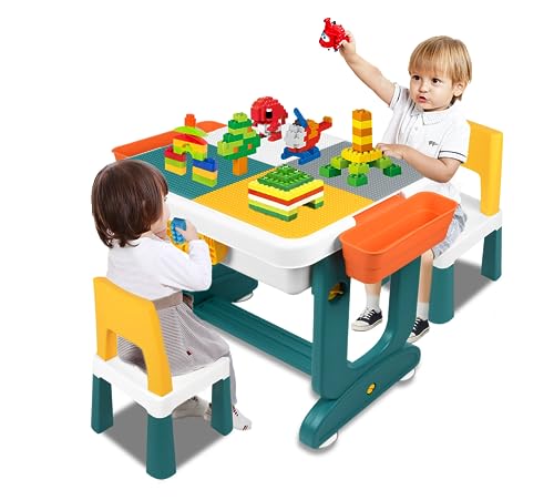 SUBTLETY Juego de mesa infantil de plástico para niños, tablero de doble cara con 300 bloques de construcción y 2 sillas