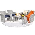 KROFEM 4 Pieces Rattan Patio Furniture Set,Outside Sectional Conversation Cushioned Sofa Set, Wicker Sofa Ideal for Garden, Porch, Backyard, Grey Rattan with Navy Blue Cushion