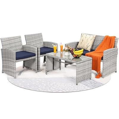 KROFEM 4 Pieces Rattan Patio Furniture Set,Outside Sectional Conversation Cushioned Sofa Set, Wicker Sofa Ideal for Garden, Porch, Backyard, Grey Rattan with Navy Blue Cushion
