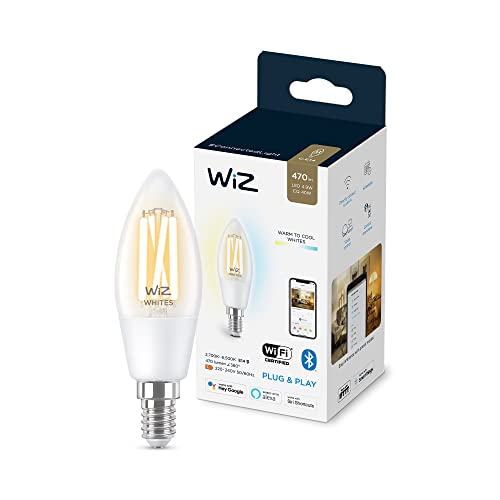 WiZ   Bombilla inteligente Filamento LED Wi Fi, 4,9w(Eq. 40w) E14 tipo vela, Luz Blanca Cálida a Fría Regulable, con tecnología SpaceSense y compatible con Alexa y Google Home