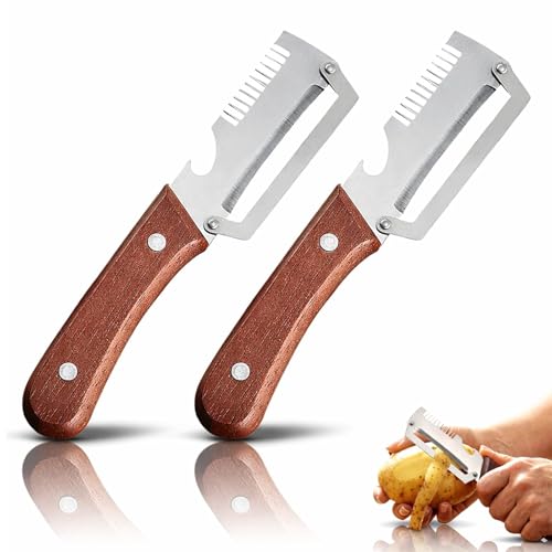 2026New Multi-functional Vegetable Peeler, Ktchen Multi-function Stainless Steel Thickened Fruit Peeler Knife with Wooden Handle, 3-1,Suitable for Peeling Fruits and Shredding Scallions (2PCS)