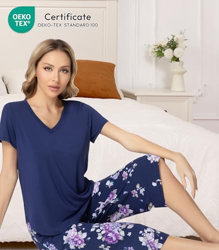 Image of NACHILA Bamboo Viscose Pajamas for Women Lace V Neck Capri Pants Pjs Set