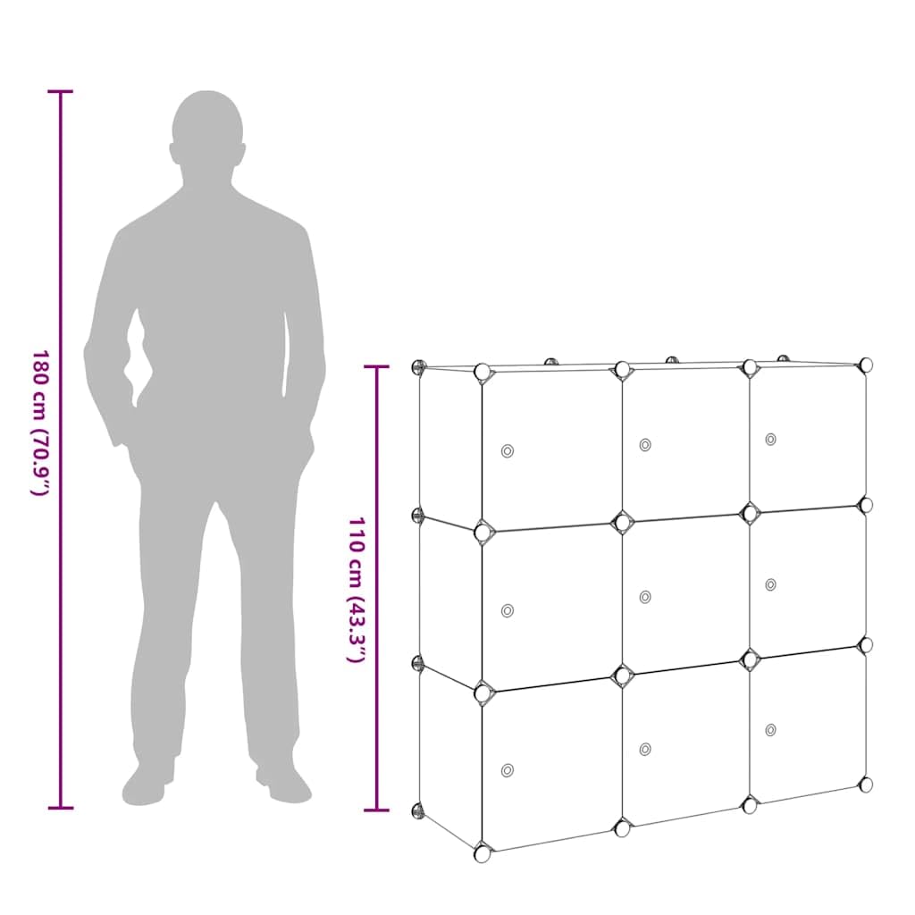 Estantería de 9 estantes modulares de polipropileno y alambre de acero, organizador versátil para salón, oficina o pasillo, estantería de pie en blanco y negro, dimensiones 110 x 37 x 110 cm