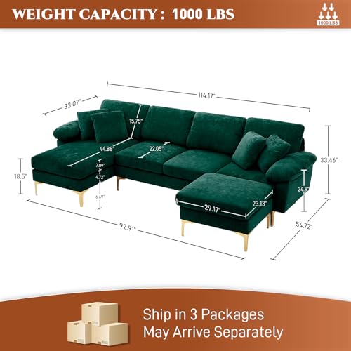 Image of OUYESSIR U-Shaped Sectional Sofa Couch, 4 Seat Sofa Set for Living Room, Convertible L-Shaped Velvet Couch Set with Chaise Lounge, Ottoman and Pillows,114 inches (Emerald Green)