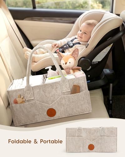 Image of Maliton Felt Diaper Caddy Organizer for Changing Table - Large, Khaki | 15x9x7 inch Portable Nursery Storage Bin and Car Organizer for Diapers, Wipes. Boy & Girl Shower Gift Basket, Baby Essentials