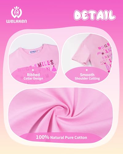 Image of WELAKEN Girls Soft T-Shirt with Curved Hem, Breathable Stretchy Rayon Crewneck Short Sleeve Tees, Kids Everyday Basic Top