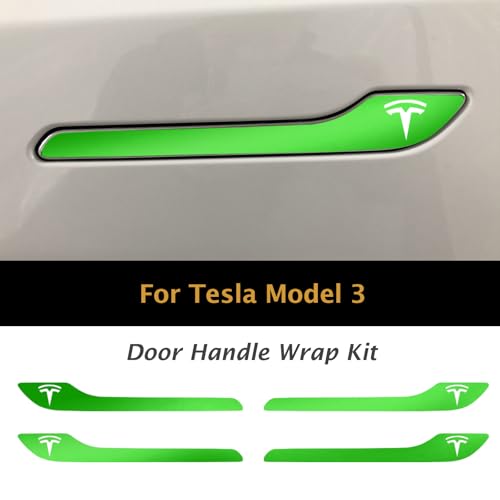 Image of IPG Compatible for Model 3 / Model Y /Juniper Door Handle Decal Sticker Wrap Kit (Set of 4) with Tesla Logo Personalize Your Tesla (Neon Series - Green)