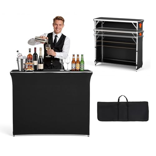 Image of VEVOR Folding Portable Bar Table, 43.5 x 15.4 x 39.8 in, with Carry Bag, 2 Storage Shelves, and Detachable Skirt, Quick and Easy Setup, Foldable Mobile Bartending Station for Events, Party, Tradeshow