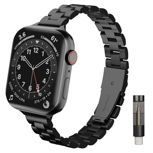 Burloreme Solid Slim Metal Bands Compatible with Apple Watch Band Series 9 8 7 6 5 4 3 2 1 SE Ultra, Thin Stainless Steel Chain Strap for Women iWatch Bands (42mm/44mm/45mm/49mm, Black)