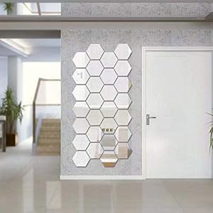 SUNIY 24 stuks 9 cm zeshoekige spiegelmuurstickers, doe-het-zelf decoratieve 3D zeshoekige acryl spiegel wand tafel kunststof tegels voor thuis woonkamer bank TV instelling muur decoratie zilver