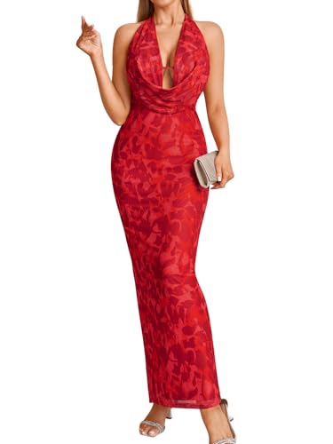 Image of KUTUMAI Women V Neck Long Formal Dress Floral Bodycon Maxi Split Back Dresses Sexy Sequin Evening Cocktail Party Gown