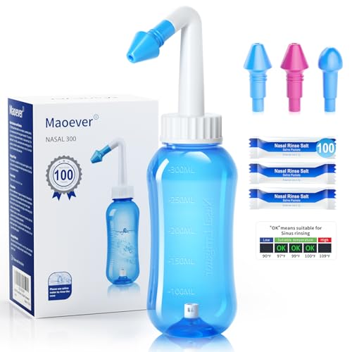 Neti Pot Sinus Rinse Kit with 100 Saline Packets Nose Wash Cleaner Pressure Rinse Nasal Irrigation for Adult & Kid BPA Free 300 ML with Sticker Thermometer (Light Blue)