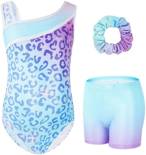 Gogokids Gymnastics Leotards for Girls Sloping Shoulders Kids Dance Unitards Biketards with Shorts for 3-12 Years