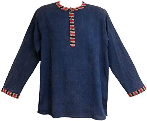 Yak & Yeti Men's Kurta Lightweight Cotton Mandarin Style Collar (XLarge, Blue)