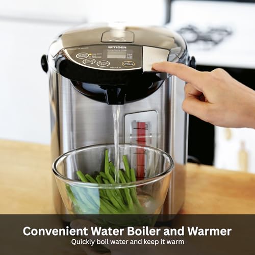 Image of Tiger Pdu A50u 5l Electric Water Boiler and Warmer, Stainless Black | 4 Temps 208 /194 /176 /158 Degree F, Reboil, 6 /9-Hr Sleep Timer, Auto-Lock Dispense, Made in Japan