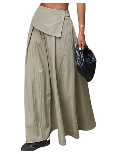 GORGLITTER Women's Pleated Flowy Long Skirts High Waist Button Front Maxi Skirt