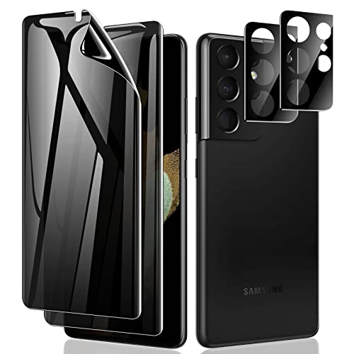 LYWHL [2+2 Pack for Samsung Galaxy S21 Ultra Privacy Screen Protector [Support Fingerprint ID] Anti-Spy Full Adhesive Flexible Film + Camera Lens Glass Protector for Galaxy S21 Ultra 6.8 5G 2021