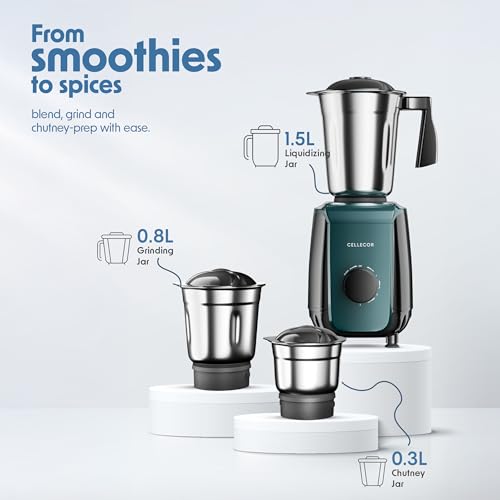 Image of CELLECOR CMG60GR Mixer Grinder600W | 3 Speed Control | 6 Blades (Grey-Green)