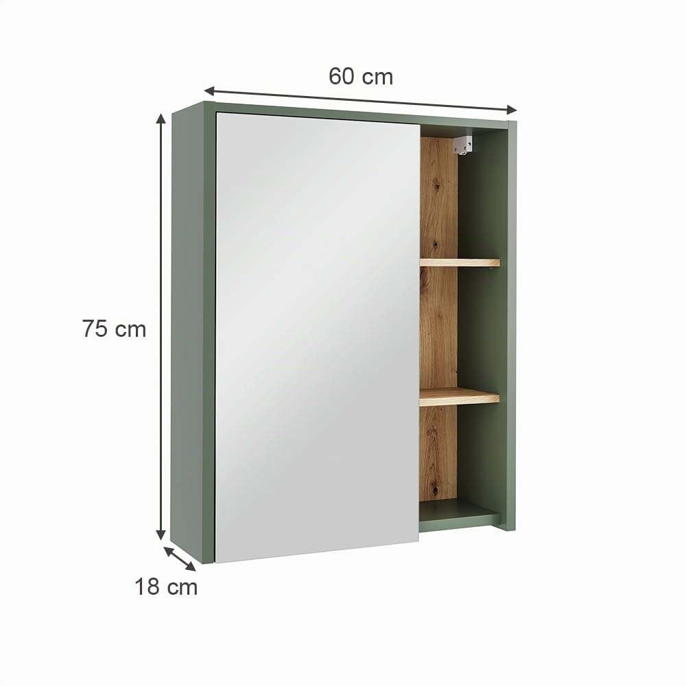 Vicco Armario con Espejo de baño Viola, Verde/Artesano, 60 x 75 cm | con estantes abiertos, apto para montaje en pared para uso en el baño