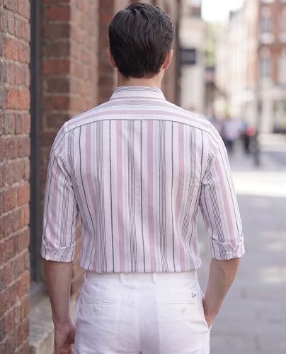 Image of IndoPrimo Men's White Striped Slim Fit Casual Shirt | Premium Cotton Full Sleeve Button-Down Shirt with Chest Pocket | Stylish Office