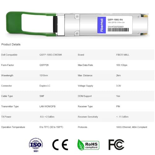 Image of 100G QSFP28 CWDM4 for Dell Q28-100G-CWDM4,100GBASE-CWDM4, QSFP28 Optical Transceiver Module 1310nm 2km LC SMF DOM