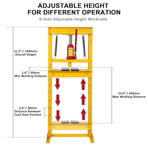 Image of 12 Ton Shop Press H Frame Press, 12 Ton Hydraulic Press H Frame Garage Floor Press with Plate, Adjustable Working Table Height Hydraulic Shop Floor Press for Gears and Bearings