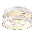 Modern Farmhouse ?Antique White Distressed Flush Mount Light Fixture 2-Light Wood Drum Semi Flush Mount Ceiling Light for Hallway Bedroom Kitchen Entryway Farmhouse